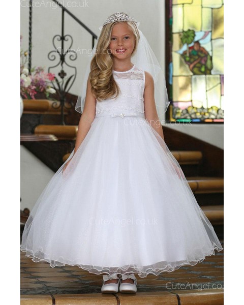 Girls Dress Style 061118 White Ankle Length Beading , Bowknot Round A-line Dress in Choice of Colour