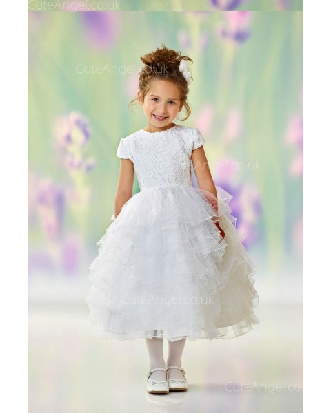 Girls Dress Style 0612818 Ivory Tea-length Lace , Tiered Round Ball Gown Dress in Choice of Colour