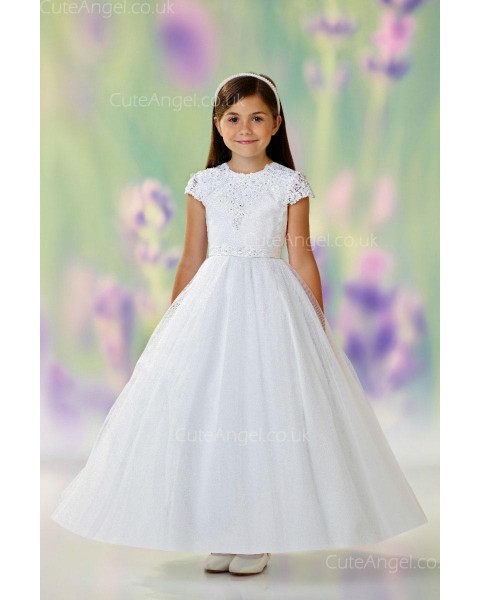 Girls Dress Style 0612918 Ivory Floor-length Lace , Beading , Applique Round A-line Dress in Choice of Colour