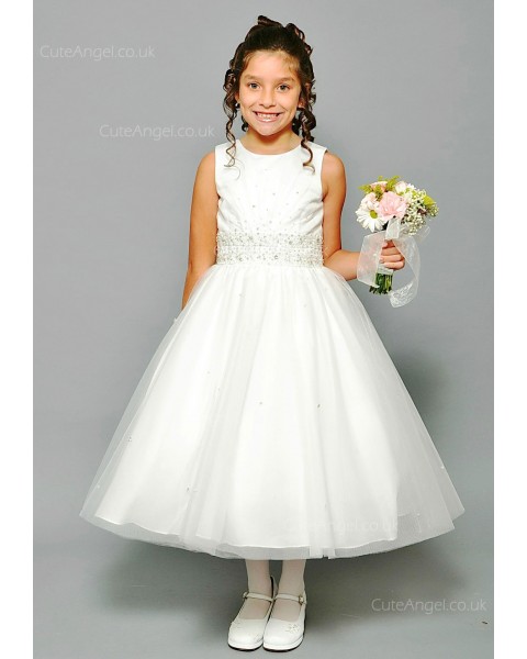 Girls Dress Style 0617918 Ivory Tea-length Beading Round A-line Dress in Choice of Colour