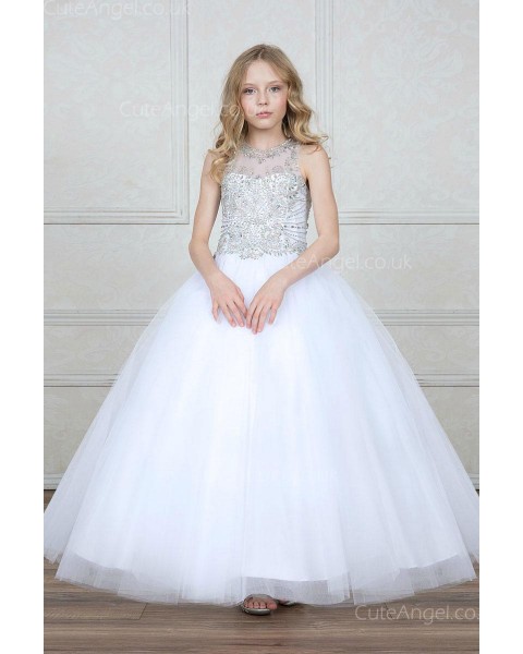 Girls Dress Style 0627318 White Floor-length Beading Bateau Ball Gown Dress in Choice of Colour
