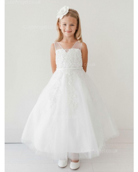 Girls Dress Style 063618 Ivory Floor-length Applique V-neck A-line Dress in Choice of Colour