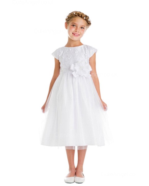 Girls Dress Style 065618 Ivory Tea-length hand Made Flower Round A-line Dress in Choice of Colour