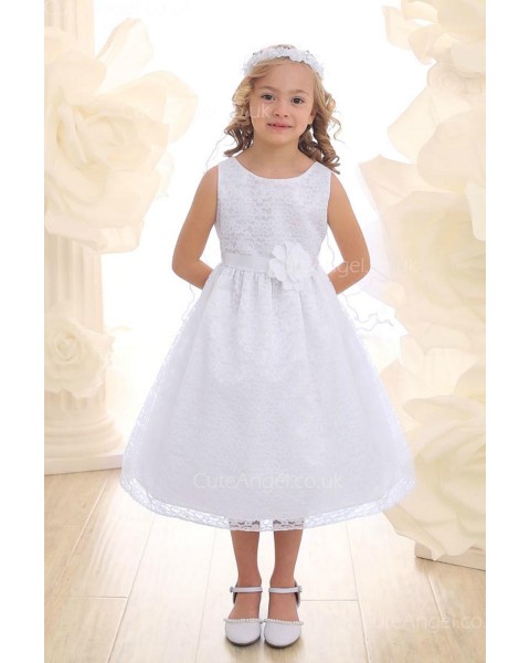 Girls Dress Style 069018 White Tea-length hand Made Flower Bateau A-line Dress in Choice of Colour