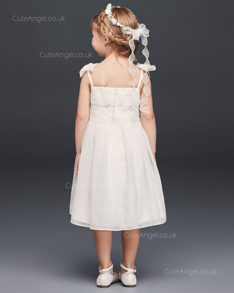 Tea Length Chiffon Flower Girl Dress With Tiered Lace Bodice