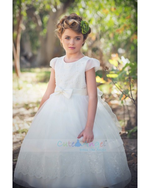 Lace Dress with organza skirt and Capp Sleeves Girls Party Dresses