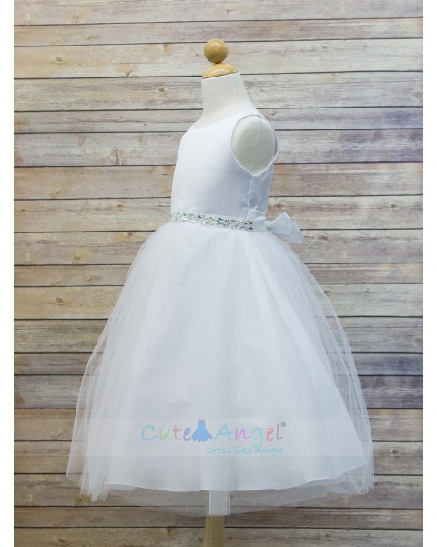 High Quality Dull Satin top with Tulle Skirt and Navette Shape Stone Sash Girl Party Dress