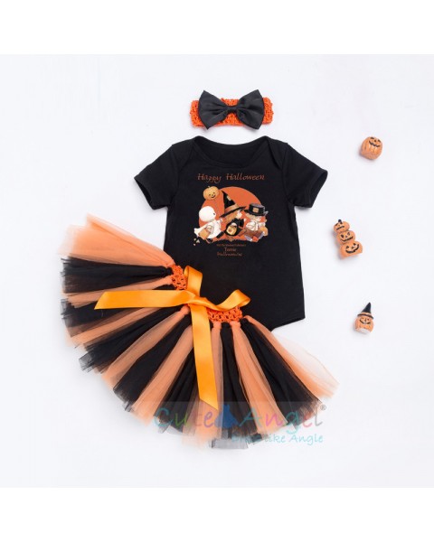 2018 New Short Sleeve Blouse Infant Handmade Dress Set Halloween Pumpkin Three-piece Suit