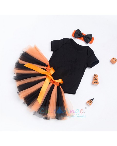 2018 New Short Sleeve Blouse Infant Handmade Dress Set Halloween Pumpkin Three-piece Suit