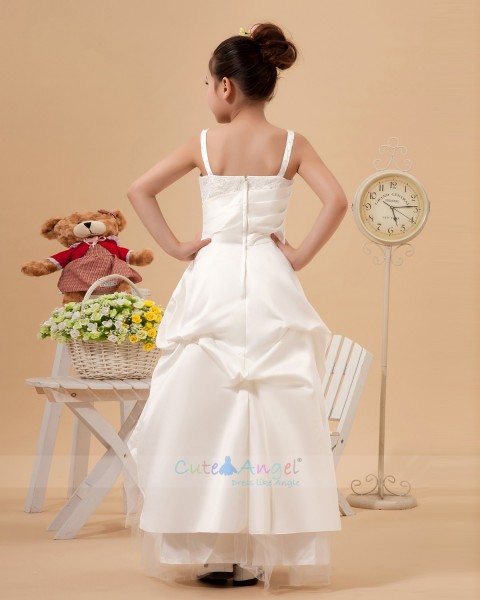 Ivory Applique Organza Bateau Collar A-line Flower Girl Dress