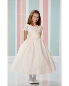 Girls Dress Style 060118 Pearl Pink Tea-length Lace Bateau A-line Dress in Choice of Colour