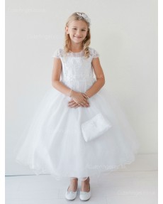 Girls Dress Style 060618 White Ankle Length Lace Round A-line Dress in Choice of Colour