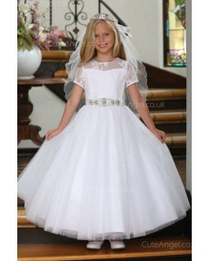 Girls Dress Style 062318 White Floor-length Lace , Beading , Bowknot Bateau A-line Dress in Choice of Colour