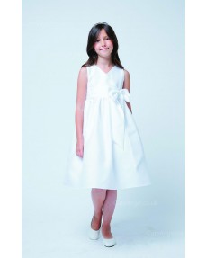 Girls Dress Style 068718 Ivory Knee-Length Bowknot V-neck A-line Dress in Choice of Colour