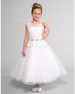 Girls Dress Style 0614318 White Ankle Length Lace , Beading Bateau A-line Dress in Choice of Colour