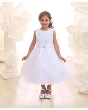 Girls Dress Style 069218 White Tea-length Beading Round A-line Dress in Choice of Colour