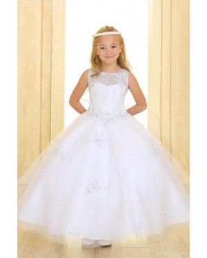 Girls Dress Style 069918 Ivory Floor-length Applique Bateau A-line Dress in Choice of Colour