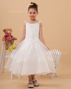 Budget Princess Tea-length Applique Bateau Collar A-line Organza Flower Girl Dress
