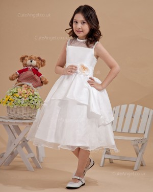 Lovely Ivory Or White Tea-Length Organza Flower Girl Dress With Hand Made Flower