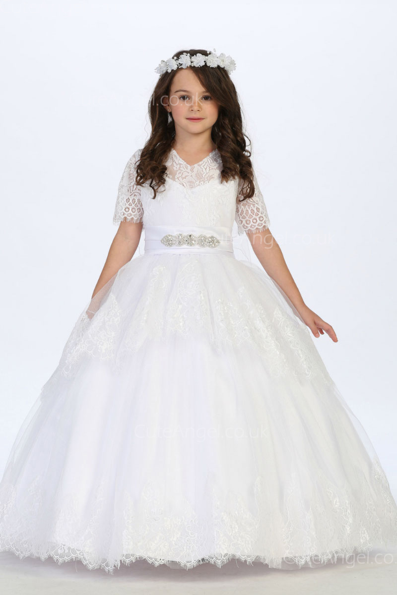 Girls Dress Style 060518 White Floor-length Lace , Bowknot V-neck A-line Dress in Choice of Colour