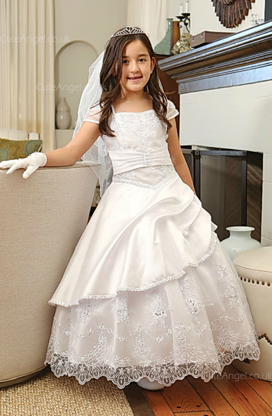 Girls Dress Style 061818 Ivory Floor-length Lace , Beading Bateau A-line Dress in Choice of Colour