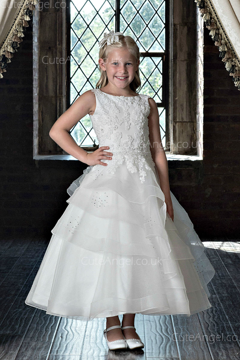 Girls Dress Style 0623118 Ivory Ankle Length Lace , Beading , Tiered Bateau A-line Dress in Choice of Colour