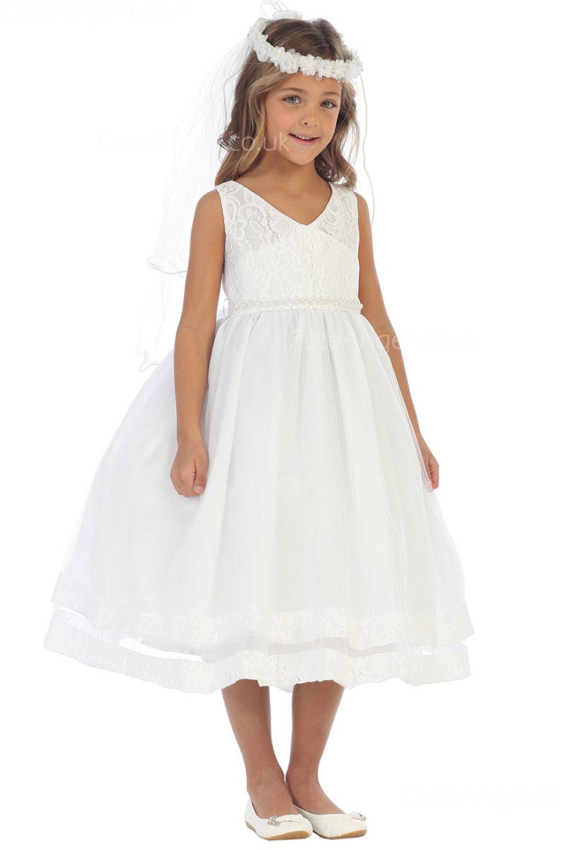 Girls Dress Style 065418 Ivory Tea-length Lace V-neck A-line Dress in Choice of Colour