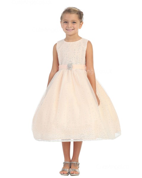 Girls Dress Style 060218 Pearl Pink Tea-length Sequin , Beading Bateau A-line Dress in Choice of Colour