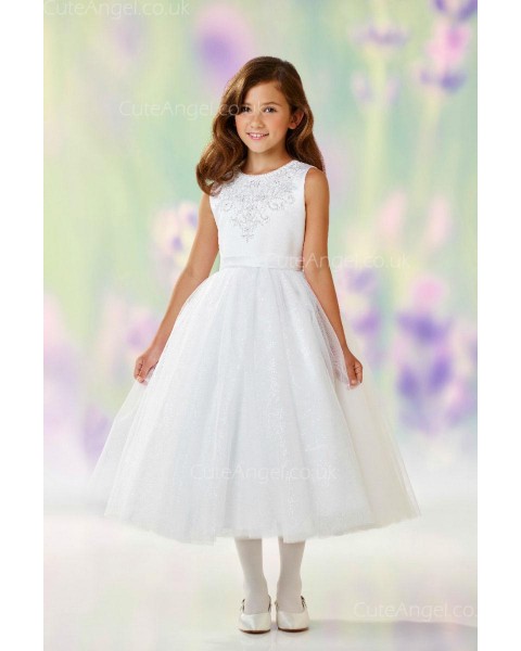 Girls Dress Style 0610718 Ivory Tea-length Applique Round A-line Dress in Choice of Colour