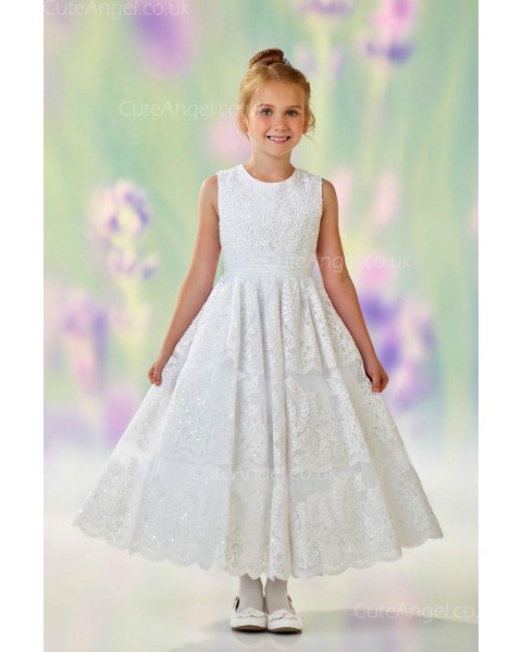 Girls Dress Style 0611018 Ivory Ankle Length Lace Round A-line Dress in Choice of Colour