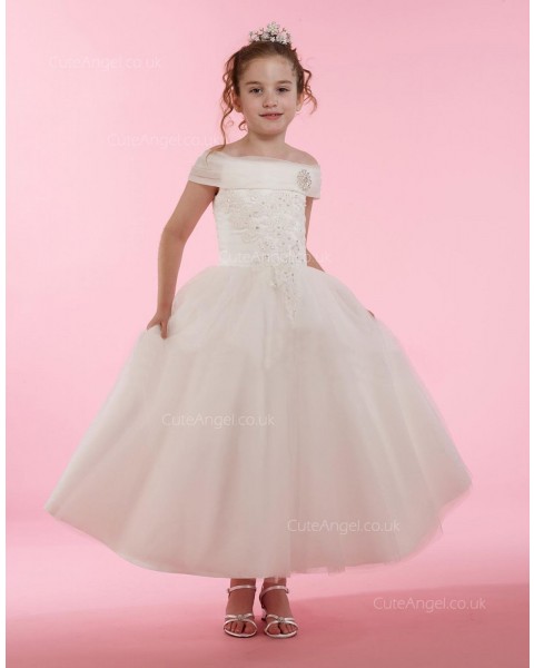 Girls Dress Style 0614718 Ivory Ankle Length Lace , Beading Off-the-shoulder A-line Dress in Choice of Colour
