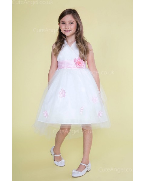 Girls Dress Style 0621418 White Knee-Length Bowknot , Hand Made Flower V-neck A-line Dress in Choice of Colour