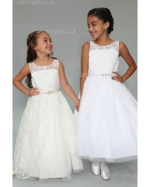 Girls Dress Style 0625718 White Floor-length Lace , Beading Bateau A-line Dress in Choice of Colour