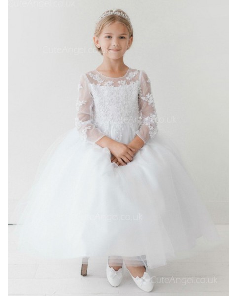 Girls Dress Style 063418 Ivory Floor-length Applique Bateau A-line Dress in Choice of Colour
