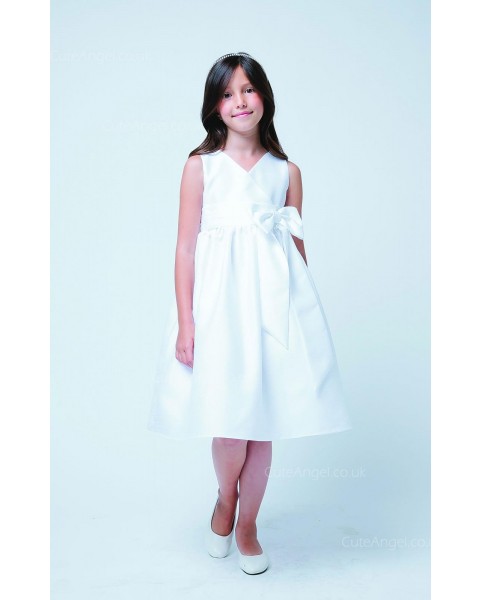 Girls Dress Style 068718 Ivory Knee-Length Bowknot V-neck A-line Dress in Choice of Colour