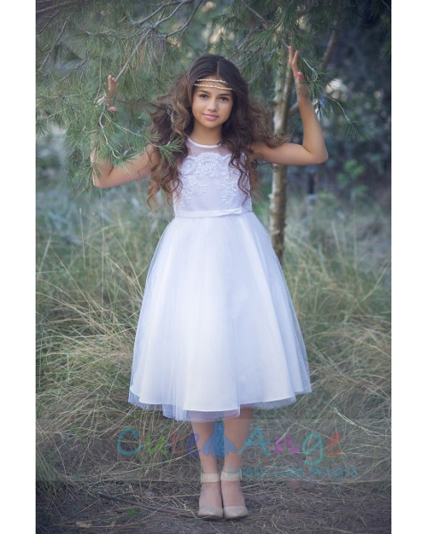 High Quality Satin Dress with Tulle Skirt and Gorgeous Scalloped Lace on the Bodice