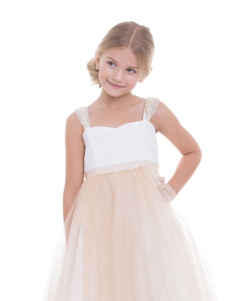 Girl Party Dress Satin Bodice with Handmade Pearl Shoulder Patch and Shimmery Glitter Mesh Skirt