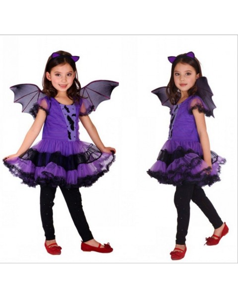 Fancy Masquerade Party Bat Girl Costume Children Cosplay Dance Dress for Kids Purple Halloween Clothing Lovely Dresses