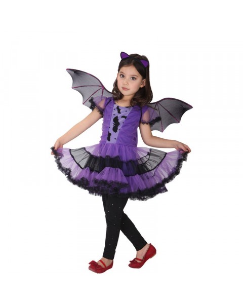 Fancy Masquerade Party Bat Girl Costume Children Cosplay Dance Dress for Kids Purple Halloween Clothing Lovely Dresses