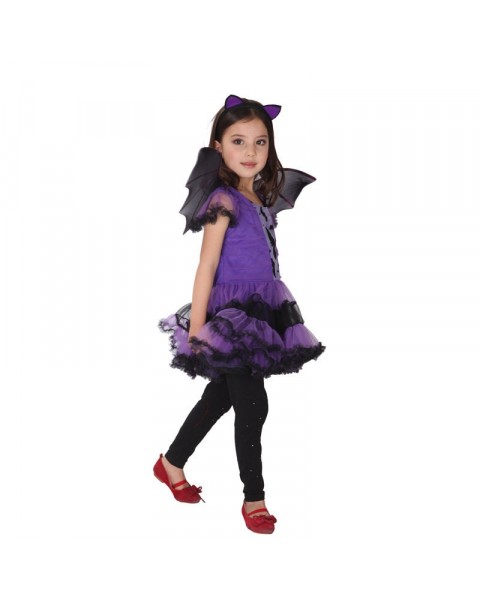 Fancy Masquerade Party Bat Girl Costume Children Cosplay Dance Dress for Kids Purple Halloween Clothing Lovely Dresses