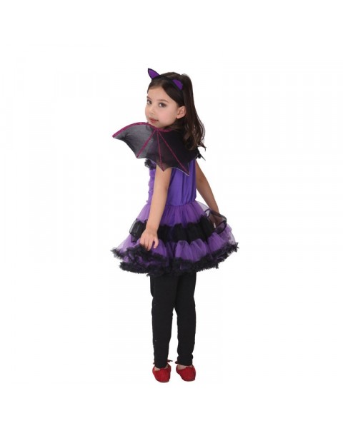 Fancy Masquerade Party Bat Girl Costume Children Cosplay Dance Dress for Kids Purple Halloween Clothing Lovely Dresses