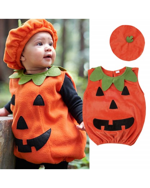 Newly Cosplay Halloween Toddler Baby Kid Pumpkin Print Sleeveless Romper Jumpsuits Tops+Hats Baby Clothes 2PCS Costumes