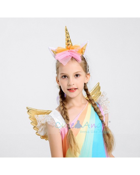 Kids Rainbow Unicorn Dress for Girls Cosplay Prom Costume Children Princess Lace Dresses Hair Hoop Wing Set Halloween Party Tutu