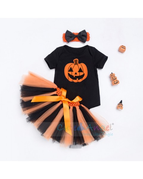 2018 New Short Sleeve Blouse Infant Handmade Dress Set Halloween Pumpkin Three-piece Suit