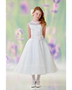 Girls Dress Style 0611718 Ivory Tea-length Lace , Beading , Applique Round A-line Dress in Choice of Colour
