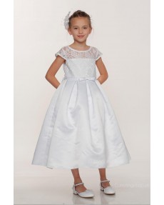 Girls Dress Style 0617618 Ivory Tea-length Lace , Bowknot Round A-line Dress in Choice of Colour