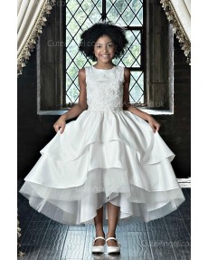 Girls Dress Style 0623318 Ivory Tea-length Applique , Tiered Round A-line Dress in Choice of Colour