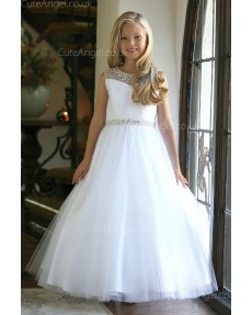 Girls Dress Style 062418 White Floor-length Beading Bateau A-line Dress in Choice of Colour