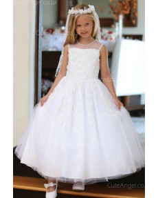 Girls Dress Style 062718 Ivory Floor-length Applique Bateau A-line Dress in Choice of Colour