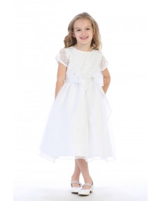 Girls Dress Style 064018 White Tea-length Lace Round A-line Dress in Choice of Colour